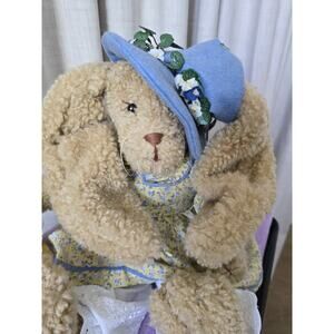 Vintage Floppy Ear Country Bunny Picnic, Plush, Tan, Floral Dress, 18"‎ Sits
